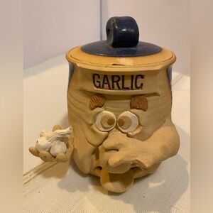 Handmade Stoneware Garlic Keeper: Humorous Face Jar